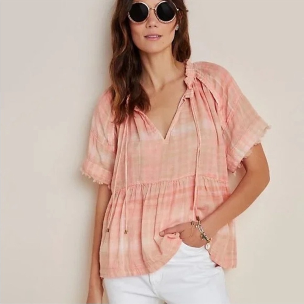 Anthropologie Pilcro‎ peach Plaid Top With Raw Edge babydoll | Size XS